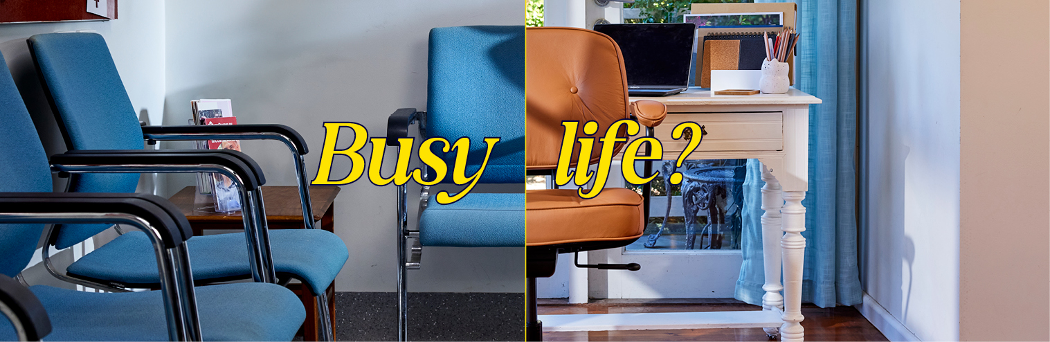 Split screen with the caption Busy life?