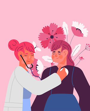 Illustratie - vrouwelijke doctor controleert de harstlag van patient