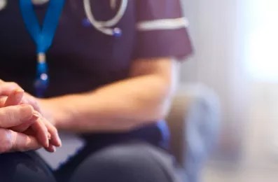 close-up of a person wearing a medical uniform