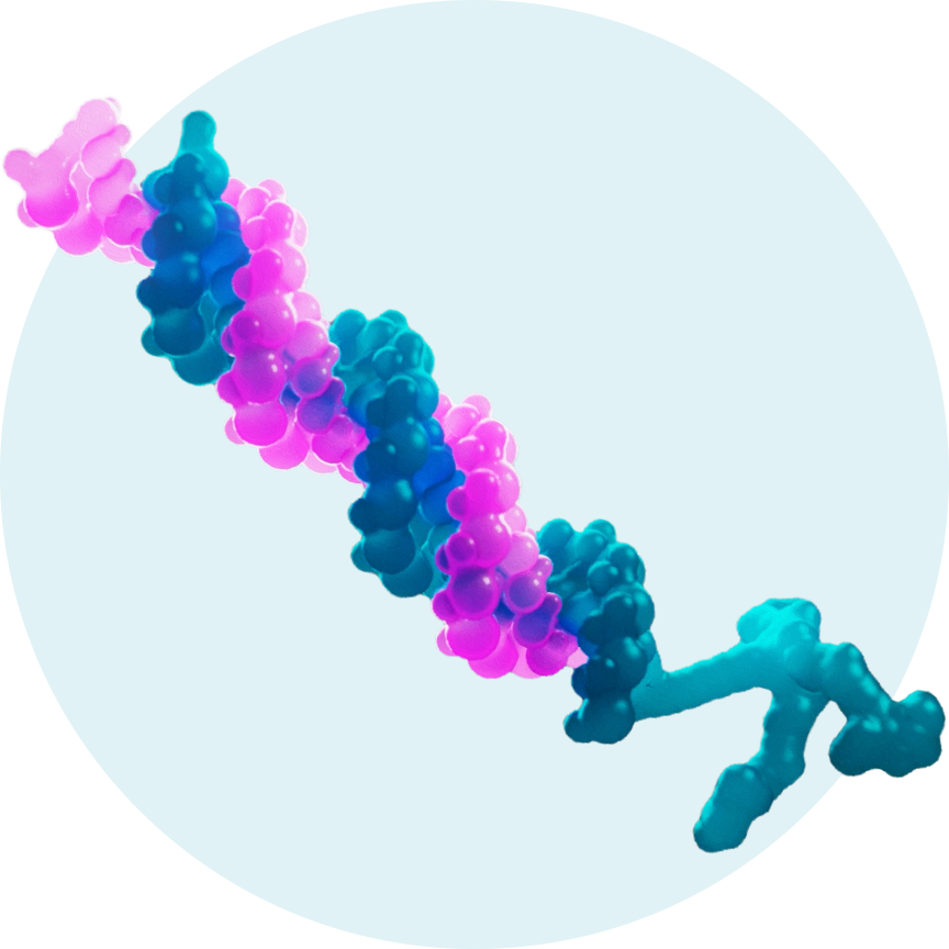 Ilustração 3D de uma molécula em tons de azul e magenta, composta por segmentos sinuosos e esféricos, posicionada dentro de um círculo azul claro
