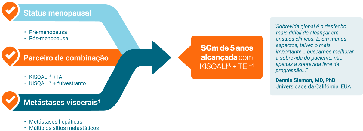 Infográfico em português com três faixas curvas coloridas, cada uma com um ícone de check, convergindo para uma seta laranja. A primeira faixa, em azul claro, mostra o texto “Status menopausal” com itens “Pré-menopausa” e “Pós-menopausa”. A segunda, em laranja, destaca “Parceiro de combinação” com opções “KISQALI® + IA” e “KISQALI® + fulvestranto”. A terceira, em azul escuro, traz “Metástases viscerais†” com os tópicos “Metástases hepáticas” e “Múltiplos sítios metastáticos”. As três faixas apontam para um 