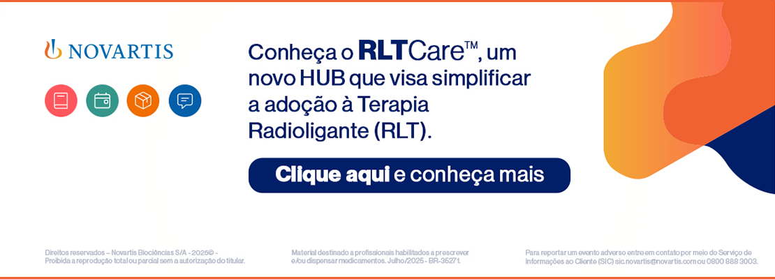 Banner institucional da Novartis apresentando o RLTCare, um novo HUB para simplificar a adoção à Terapia Radioligante (RLT), com botão “Clique aqui e conheça mais” e ícones de suporte.