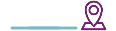 Ícone minimalista de localização: uma linha horizontal turquesa à esquerda e, à direita, a metade de um marcador roxo de mapa, indicando ponto geográfico ou endereço.