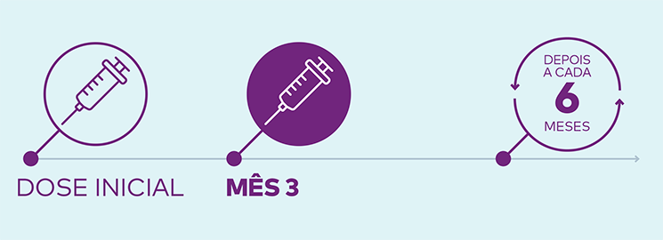 Linha do tempo ilustrando um esquema de vacinação: dose inicial; segunda dose no mês 3; depois reforços a cada 6 meses, representados por ícones de seringa e setas circulares.