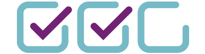 Dois ícones de check roxos alinhados sobre faixa turquesa, indicando validação ou conformidade de dois itens.