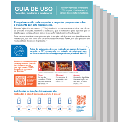 Página explicativa para pacientes, familiares e cuidadores sobre tratamento de câncer de próstata metastático; inclui referência ao exame PET‑PSMA, etapas do tratamento, cronograma ilustrado de infusões a cada 6 semanas por até 6 ciclos, ícones, imagens demonstrativas e códigos QR.