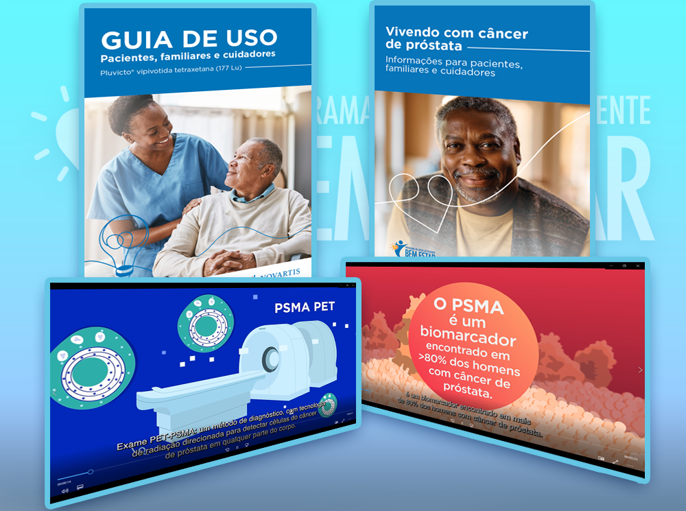 Montagem com duas capas de folhetos (“Guia de Uso — Pluvicto vipivotida tetraxetana 177Lu” e “Vivendo com câncer de próstata”) e duas telas de apresentação: uma ilustra o exame PSMA PET com equipamento de imagem; outra destaca o texto “O PSMA é um biomarcador encontrado em >80% dos homens com câncer de próstata”.