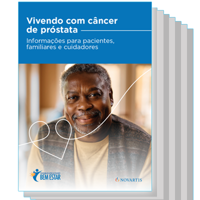 Capa de material educativo com fundo azul; título “Vivendo com câncer de próstata” e subtítulo “Informações para pacientes, familiares e cuidadores”; grafismos em forma de coração; logotipos Programa Bem Estar e Novartis.