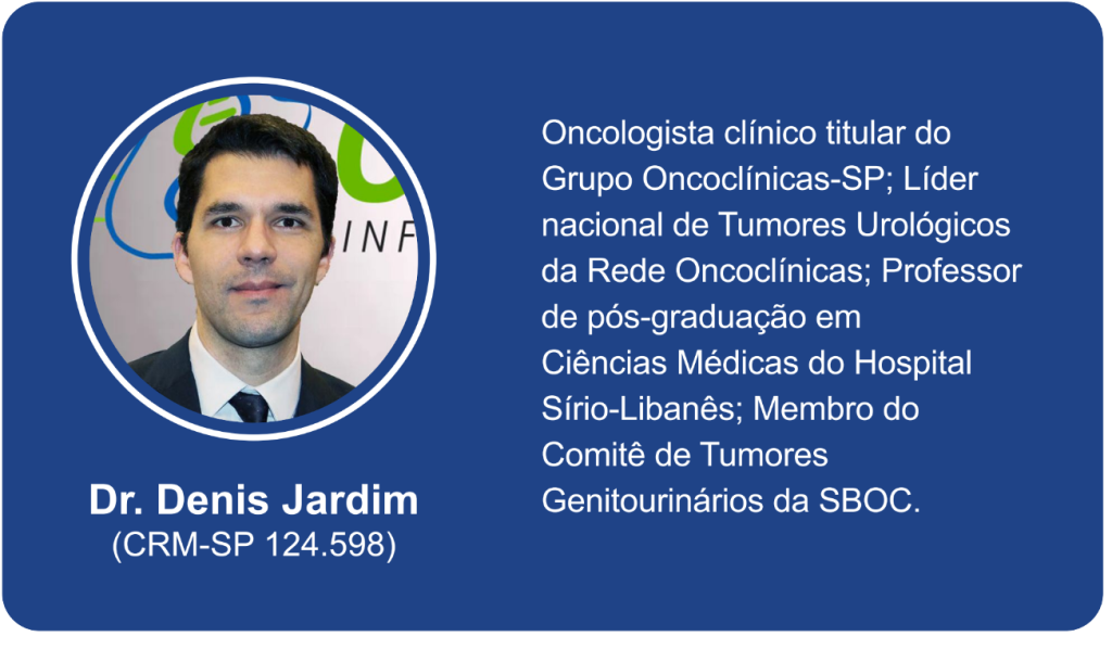 Cartão de perfil com nome e credenciais do Dr. Denis Jardim: oncologista clínico do Grupo Oncoclínicas-SP; líder de tumores urológicos na Rede Oncoclínicas; professor no Hospital Sírio-Libanês; membro do comitê da SBOC.