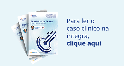 Conjunto de três capas de brochuras com gráfico em forma de alvo e marcas Pluvicto/Novartis; ao lado, texto: “Para ler o caso clínico na íntegra, clique aqui”.