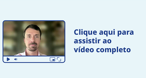 Miniatura de player de vídeo com moldura azul e controles; texto à direita: “Clique aqui para assistir ao vídeo completo”.