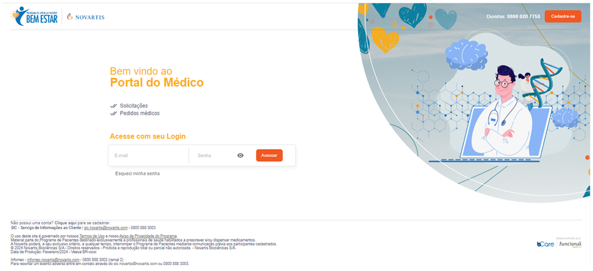 Tela de login do Portal do Médico do Programa Bem Estar, com campos de e-mail e senha e botão Acessar