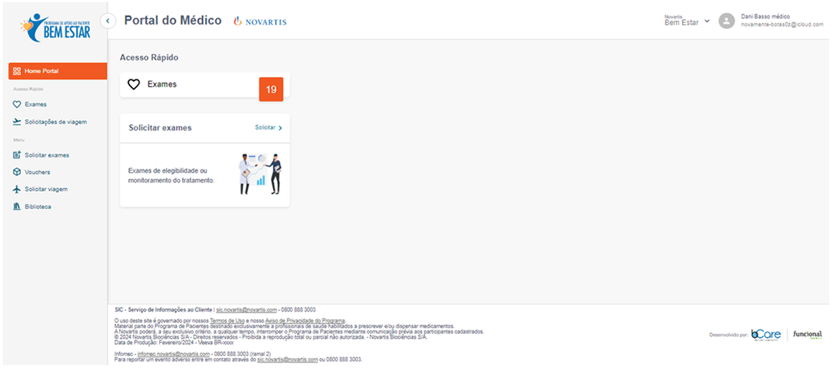 Página inicial do Portal do Médico com menu lateral e cartão de Acesso Rápido para Exames com indicador de pendências