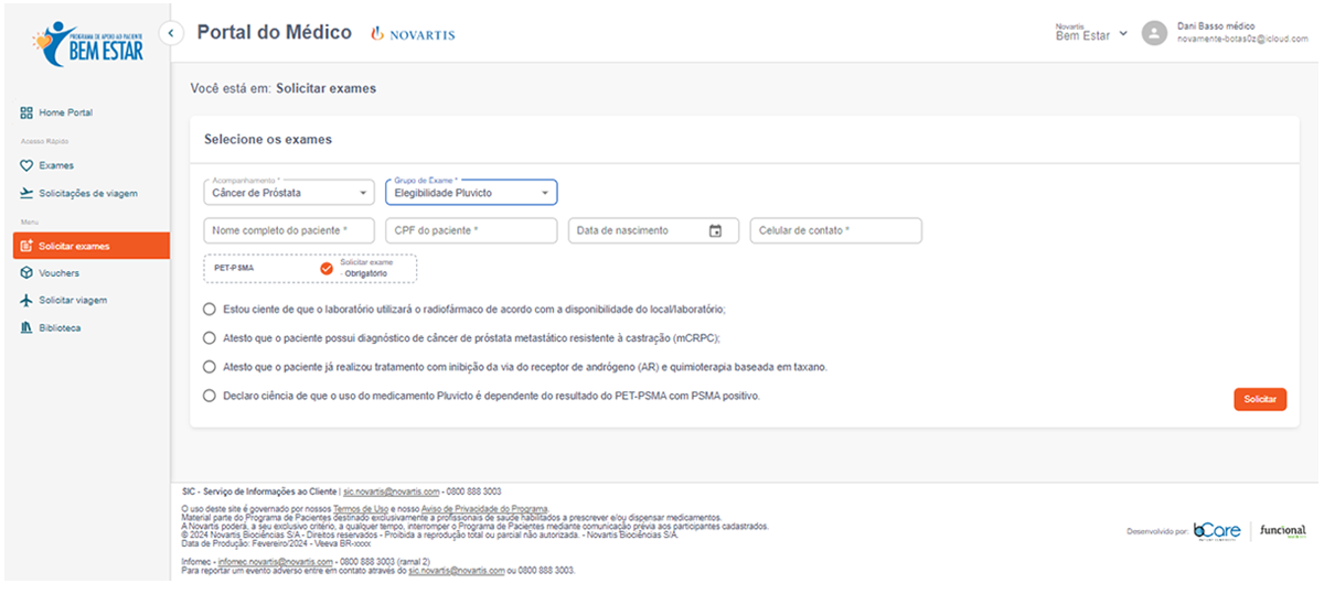 Formulário de solicitação de exames com seleção de acompanhamento, grupo de exame e campos de identificação do paciente