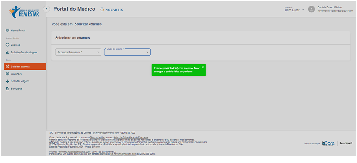 Tela de solicitação de exames com mensagem de confirmação em destaque indicando exame solicitado com sucesso