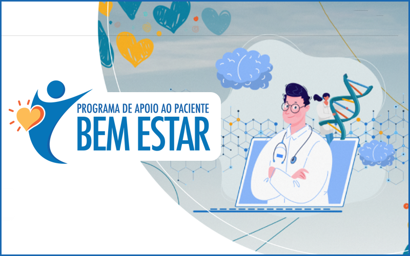 Identidade visual do Programa de Apoio ao Paciente Bem Estar com logotipo e elementos gráficos de saúde e ciência