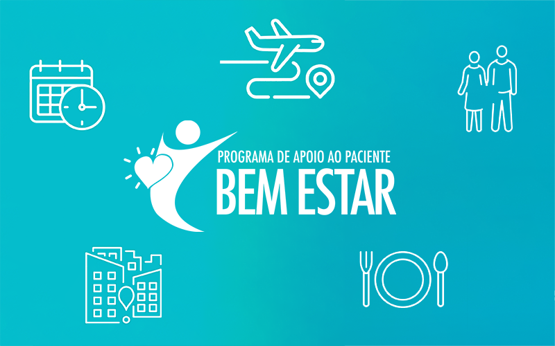 Identidade visual do Programa de Apoio ao Paciente Bem Estar com ícones de agenda, viagem, acompanhantes, hotel e alimentação