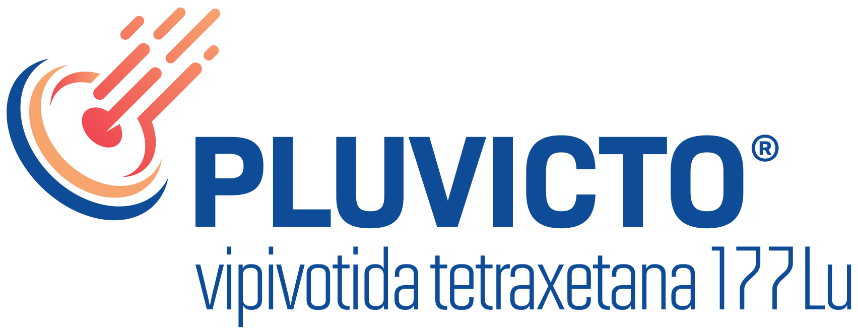 Logotipo do medicamento PLUVICTO com o texto “vipivotida tetraxetana 177Lu” e símbolo gráfico de alvo estilizado.