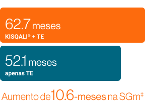Gráfico em barras horizontais comparando a sobrevida global mediana (SGm). A barra superior, em laranja, mostra “62,7 meses – KISQALI® + TE”. A barra inferior, em azul‑petróleo, mostra “52,1 meses – apenas TE”. À direita, em laranja, o texto destaca: “Aumento de 10,6 meses na SGm†”.