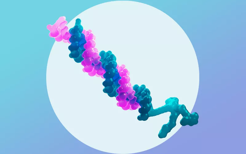 Estrutura molecular estilizada em fundo gradiente Ilustração 3D de uma molécula em tons de azul e magenta, composta por segmentos sinuosos e esféricos, posicionada dentro de um círculo claro sobre fundo azul em gradiente.