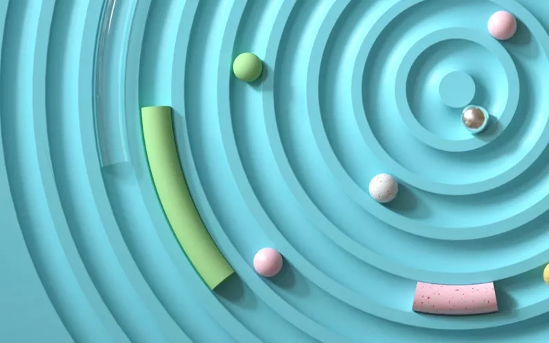 Arte geométrica com círculos e elementos coloridos sobre fundo azul. Composição abstrata com círculos concêntricos azuis e formas coloridas em rosa, verde e branco.