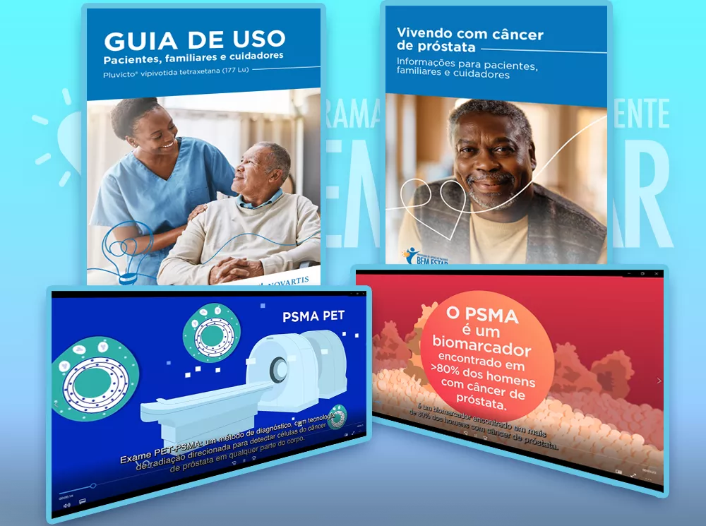 Montagem com duas capas de folhetos (“Guia de Uso — Pluvicto vipivotida tetraxetana 177Lu” e “Vivendo com câncer de próstata”) e duas telas de apresentação: uma ilustra o exame PSMA PET com equipamento de imagem; outra destaca o texto “O PSMA é um biomarcador encontrado em &gt;80% dos homens com câncer de próstata”.