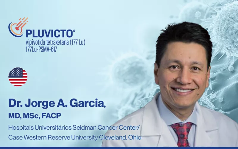 Cartão informativo com logomarca Pluvicto (vipivotida tetraxetana [177Lu], 177Lu‑PSMA‑617), bandeira dos EUA e identificação: “Dr. Jorge A. Garcia, MD, MSc, FACP — Hospitais Universitários Seidman Cancer Center / Case Western Reserve University, Cleveland, Ohio”. Fundo com ilustração de células.