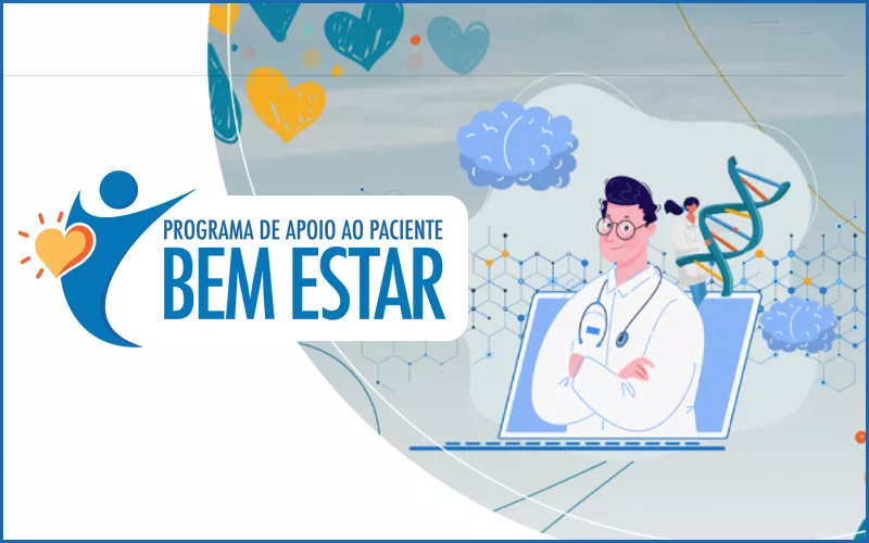 Identidade visual do Programa de Apoio ao Paciente Bem Estar com logotipo e elementos gráficos de saúde e ciência
