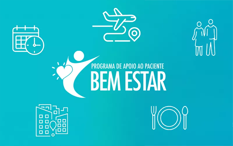 Identidade visual do Programa de Apoio ao Paciente Bem Estar com ícones de agenda, viagem, acompanhantes, hotel e alimentação