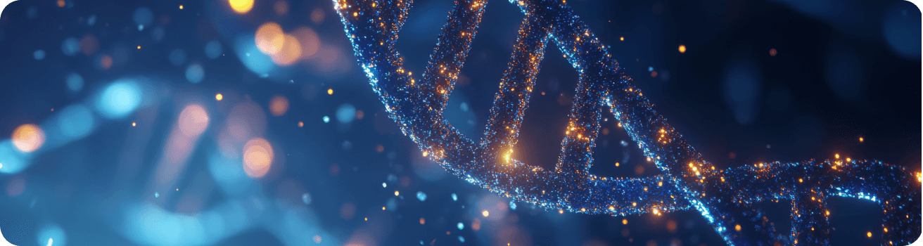 Hélice de ADN brillante junto a un mensaje sobre el acceso global a medicamentos esenciales