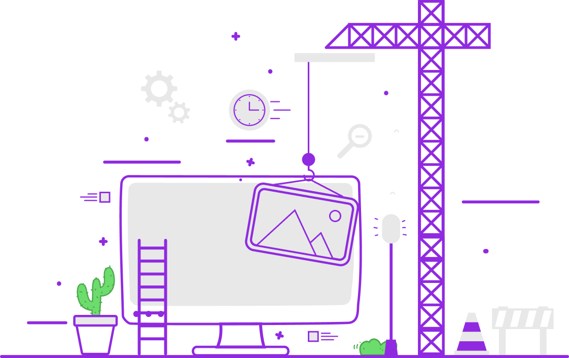 Ilustración de sitio web en construcción con grúa y computadora