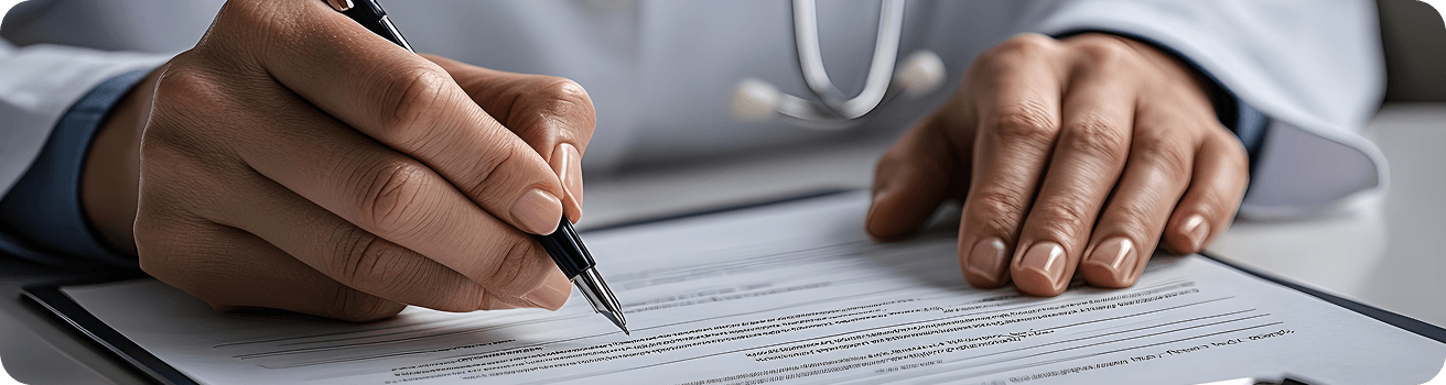 Manos de profesional médico firmando un documento