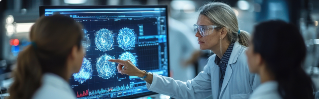 Profesionales de la salud examinando imágenes celulares en pantalla. Profesionales de la salud examinando imágenes celulares en pantalla.