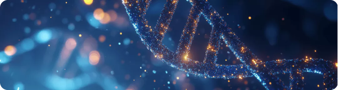 Hélice de ADN brillante junto a un mensaje sobre el acceso global a medicamentos esenciales