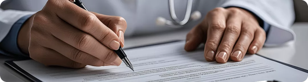 Manos de profesional médico firmando un documento
