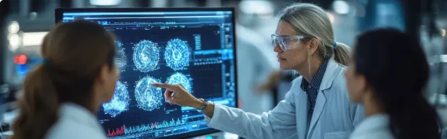 Profesionales de la salud examinando imágenes celulares en pantalla.