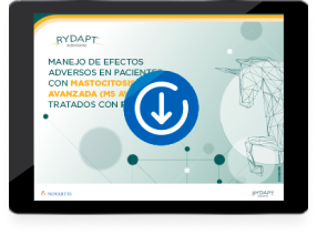 Guía de manejo de Efectos adversos en pacientes con Mastocitosis Sistémica avanzada tratados con Rydapt Material en forma de guía donde se revisan los principales efectos adversos (EAs) asociados al tratamiento con Rydapt, y se proporciona información sobre cómo evaluar y tratar estos EAs de acuerdo con las pautas incluidas en la ficha técnica de Rydapt. PDF  Descargar