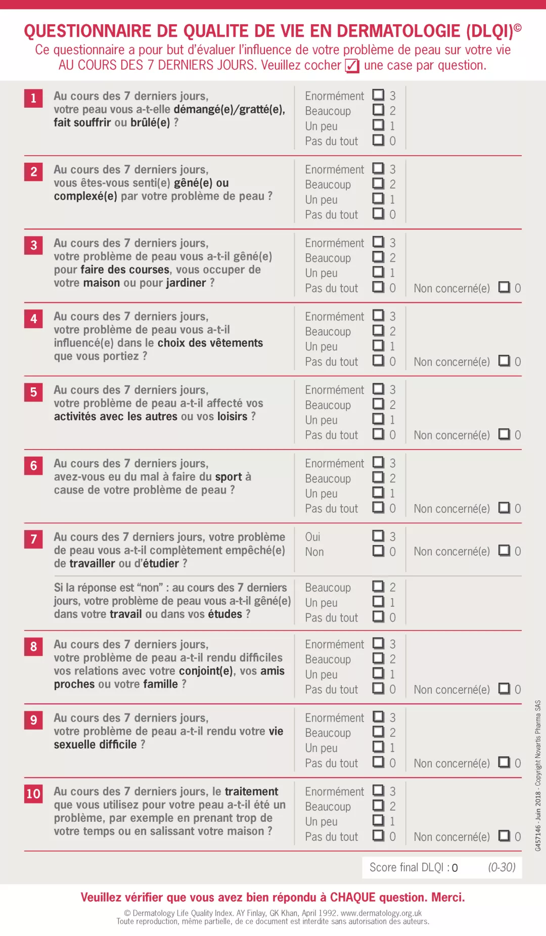 Questionnaire de qualité de vie en dermatologie (DLQI)
