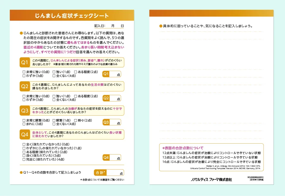 じんましん症状チェックシート 表裏のイメージ図