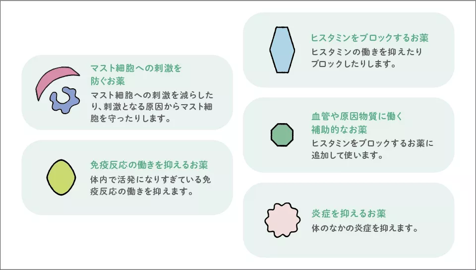 お薬の種類　マスト細胞への刺激を防ぐお薬、免疫反応の動きを抑えるお薬、ヒスタミンをブロックするお薬、血管や原因物質に働く補助的なお薬、炎症を抑えるお薬