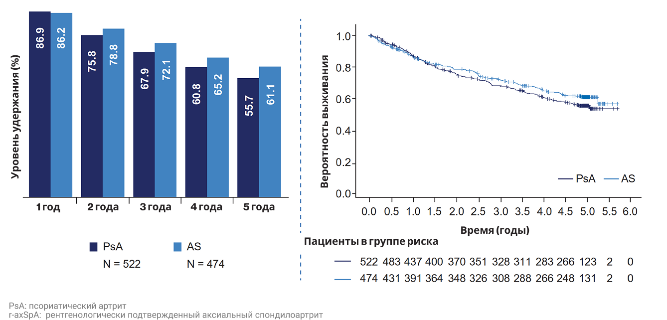 Рисунок 2. Оценка удержания терапии секукинумабом у пациентов с PsA и r-axSpA с 1-го по 5-й год (оценки Каплана-Мейера). Рисунок 2. Оценка удержания терапии секукинумабом у пациентов с PsA и r-axSpA с 1-го по 5-й год (оценки Каплана-Мейера).