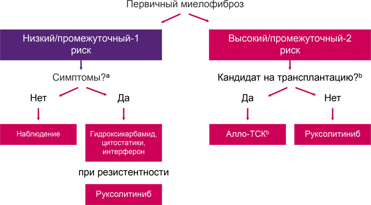 Алгоритм лечения первичного миелофиброза, согласно стратификации пациентов в группы риска по прогностическим системам IPSS/DIPSS Алгоритм лечения первичного миелофиброза, согласно стратификации пациентов в группы риска по прогностическим системам IPSS/DIPSS