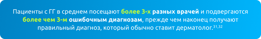 Пациенты с ГГ в среднем посещают более 3-х разных врачей и подвергаются более чем 3-м ошибочным диагнозам, прежде чем наконец получают правильный диагноз, который обычно ставит дерматолог.31,32 Пациенты с ГГ в среднем посещают более 3-х разных врачей и подвергаются более чем 3-м ошибочным диагнозам, прежде чем наконец получают правильный диагноз, который обычно ставит дерматолог.31,32