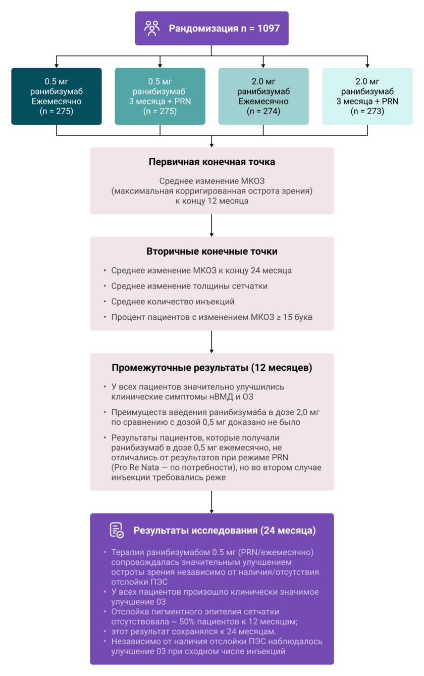Оценка эффективности и безопасности ранибизумаба при интравитреальном введении в терапии нВМД в течение 24 месяцев Оценка эффективности и безопасности ранибизумаба при интравитреальном введении в терапии нВМД в течение 24 месяцев
