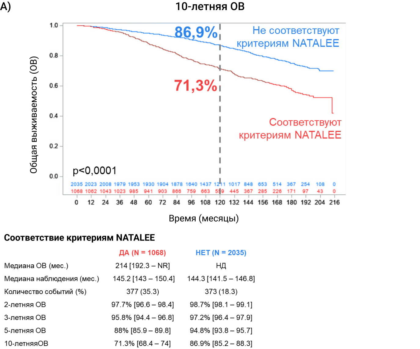 Рисунок 2. Оценка общей выживаемости (ОВ) у пациентов, соответствующим критериям включения в NATALEE (А Рисунок 2. Оценка общей выживаемости (ОВ) у пациентов, соответствующим критериям включения в NATALEE (А