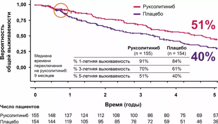 Общая выживаемость больных ПМФ в группе руксолитиниба и плацебоОбщая выживаемость больных ПМФ в группе руксолитиниба и плацебо