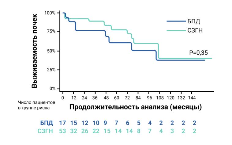 Анализ выживаемости почек методом кривой Каплана-Мейера в зависимости от типа С3Г