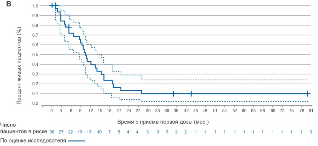 Выживаемость в когорте В (рис. А) и С (рис. В) через 5 лет терапии
