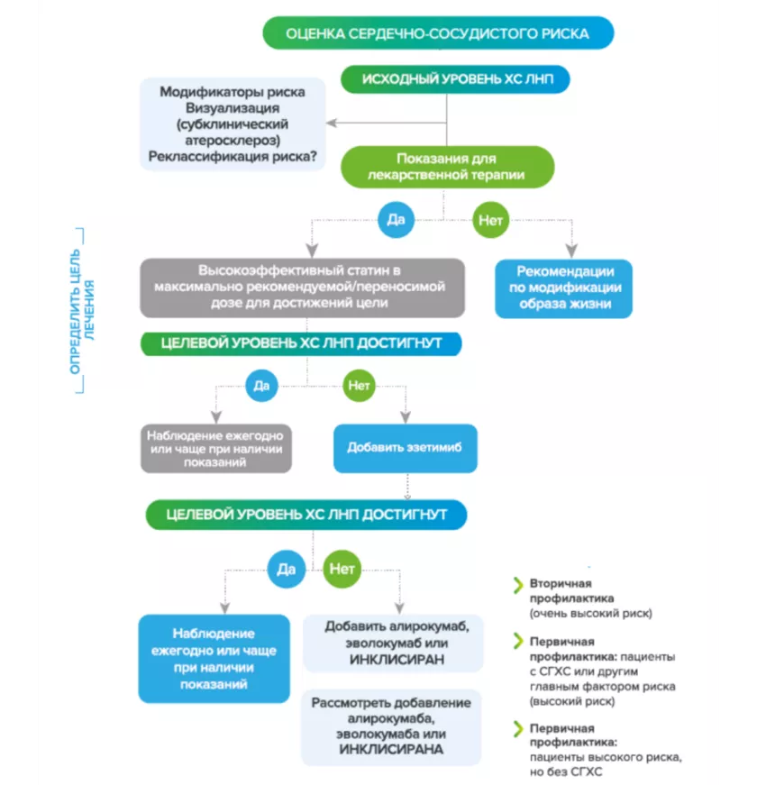 Алгоритм медикаментозной терапии для достижения целевого уровня ХС ЛНП