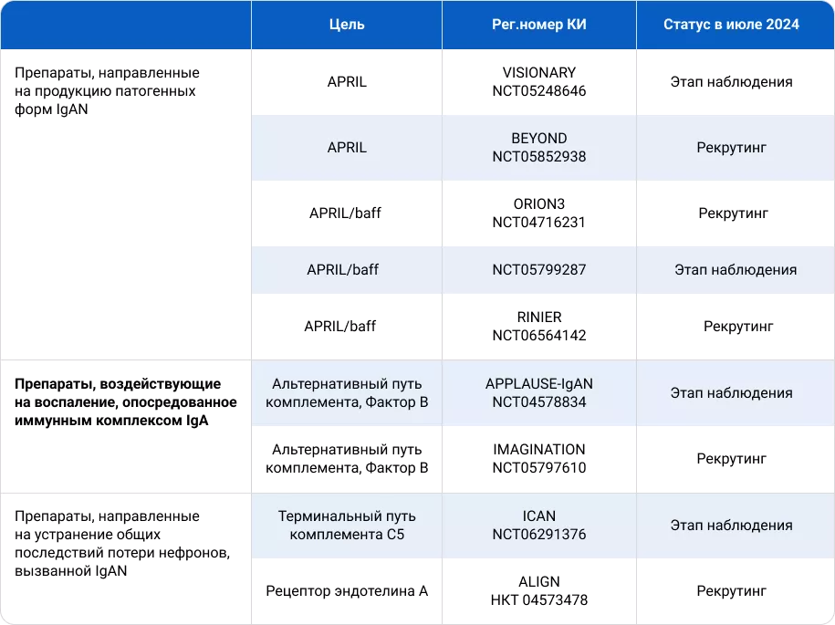 Таблица 5. Клинические испытания фазы 3 в 2025 г., оценивающие новые методы лечения IgAN
